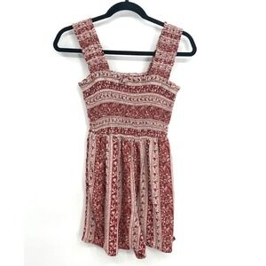 American Eagle Red Cream Paisley Boho Smocked Romper Pockets Womens XS